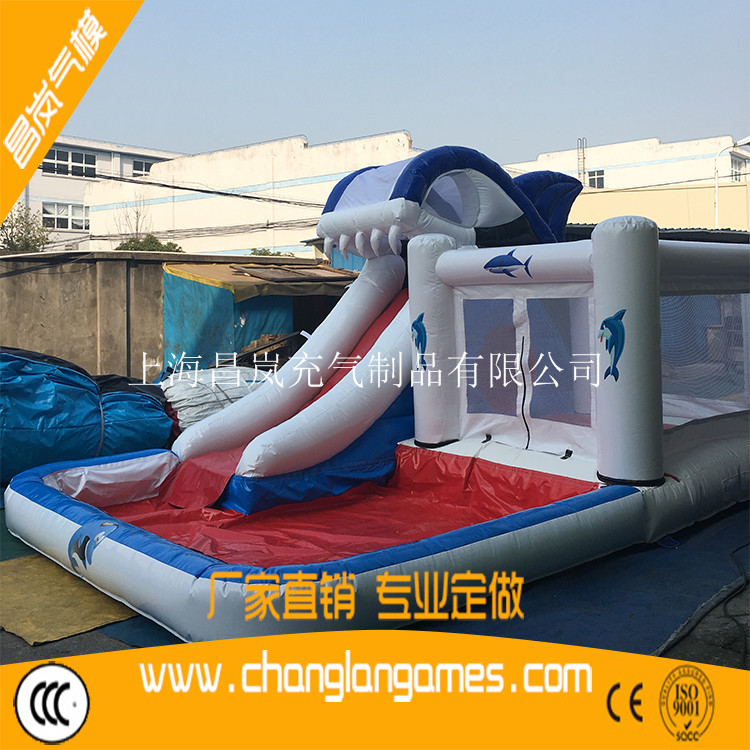 廠家直銷鯊魚充氣滑梯水池跳床組合 inflatable shark slide bouncer pool combo